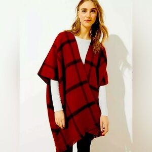 New Ann Taylor LOFT Red Navy Plaid Reversible Poncho Cardigan Sweater M/L